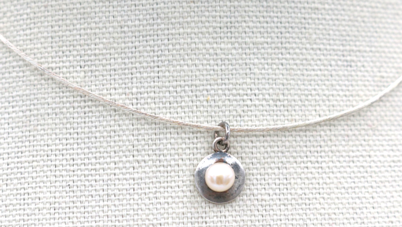 VTG Modernist Sterling Silver 925 Wire Collar Choker Necklace w/ Pearl Pendant