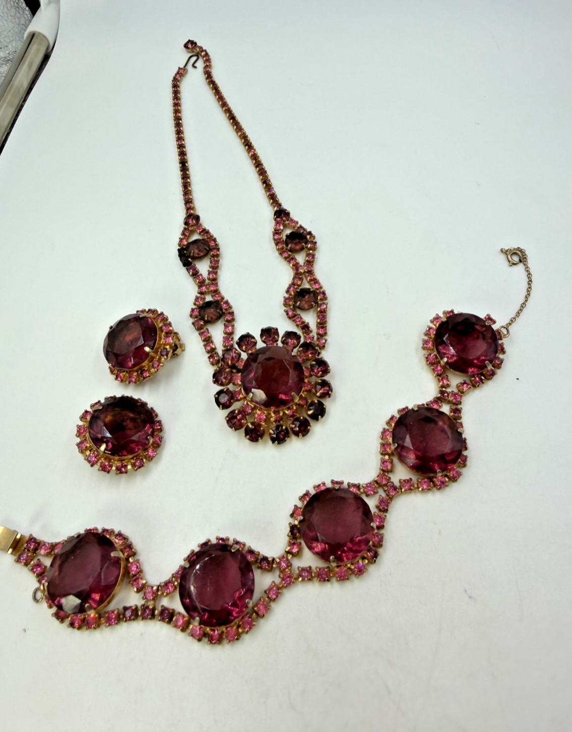 Vintage Necklace Purple Round Stoplight Clip Earrings Bracelet Set PJ
