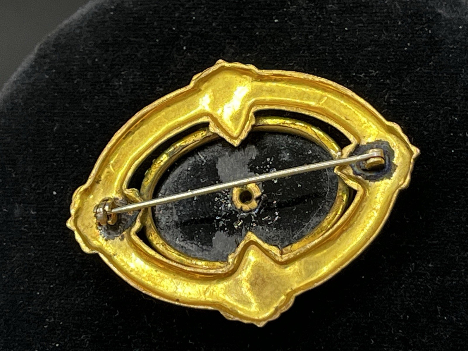 Victorian/Mourning Style VTG. Repousse Brass Black Glass Brooch Faux Pearl 2 1/8