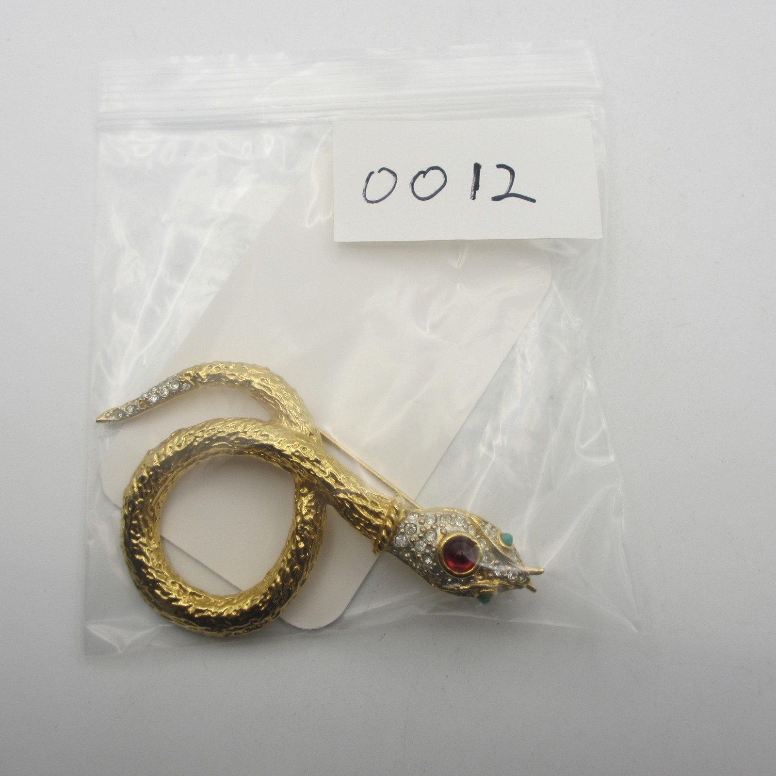 Vintage Snake Brooch Rhinestone Coiled Serpent Gold Tone 2 MISSING RHINESTONES