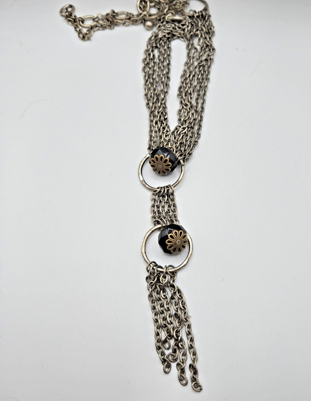 VTG Statement Necklace Layered Chain Black Beads Silvertone 18 in overall length