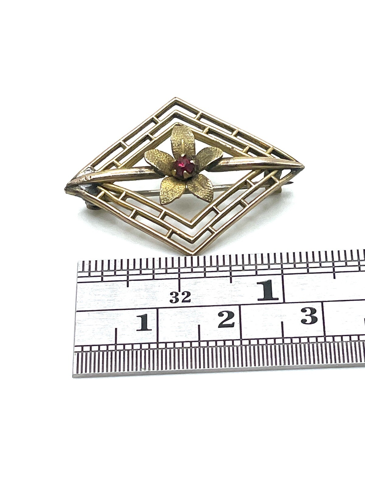 Antique Art Nouveau Brass Red Crystal Flower Openwork Brooch Pin
