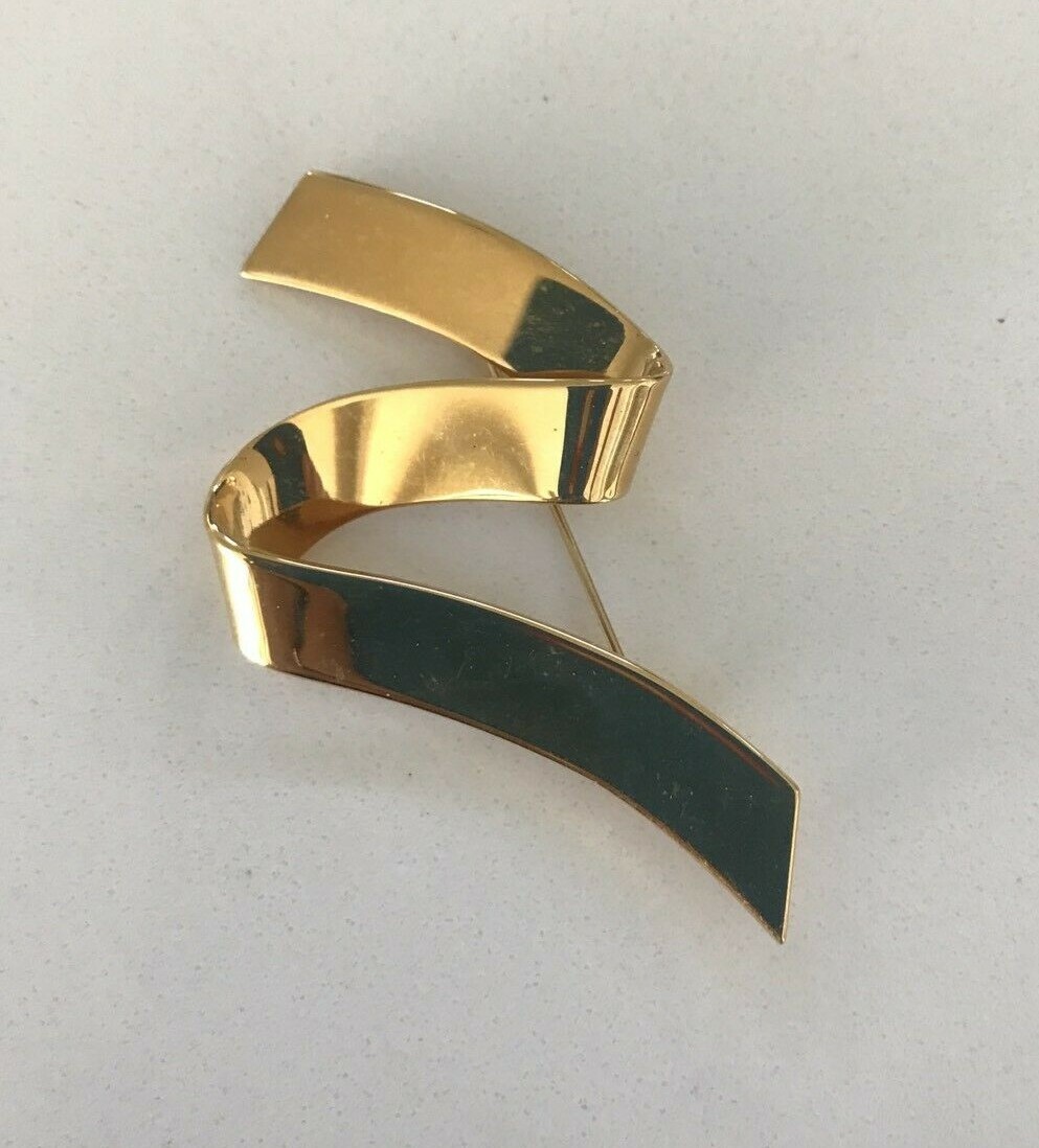 Vtg 1980s Monet Silver Zig Zag Ribbon Pin Goldtone Brooch Pin