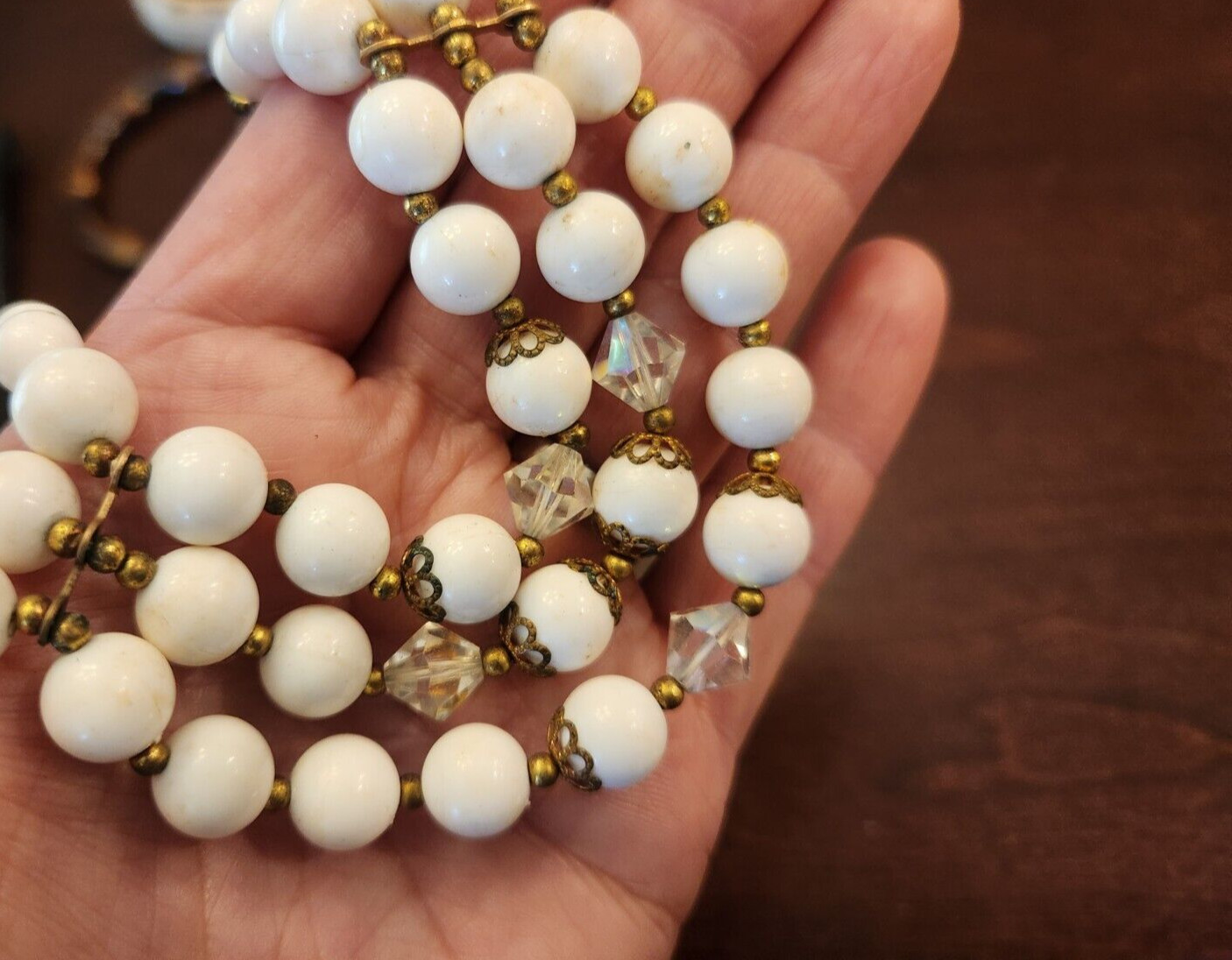Vintage Triple Strand Iridescent Crystals White Acrylic Choker Beads Necklace