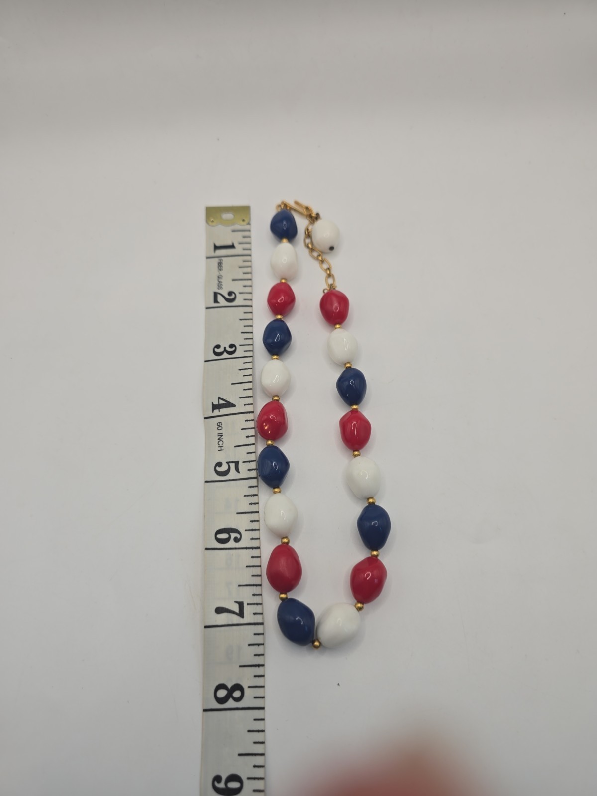 Trifari Red White Blue Chunky Bead Necklace Gold Tone Patriotic Nautical…