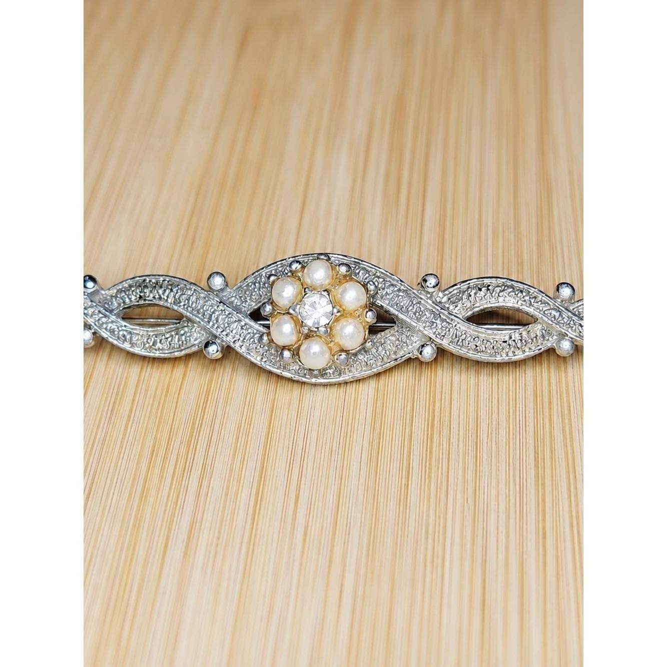 Vintage Signed Emmons Faux Pearl Rhinestone Bar Brooch Silver Tone 2.25″