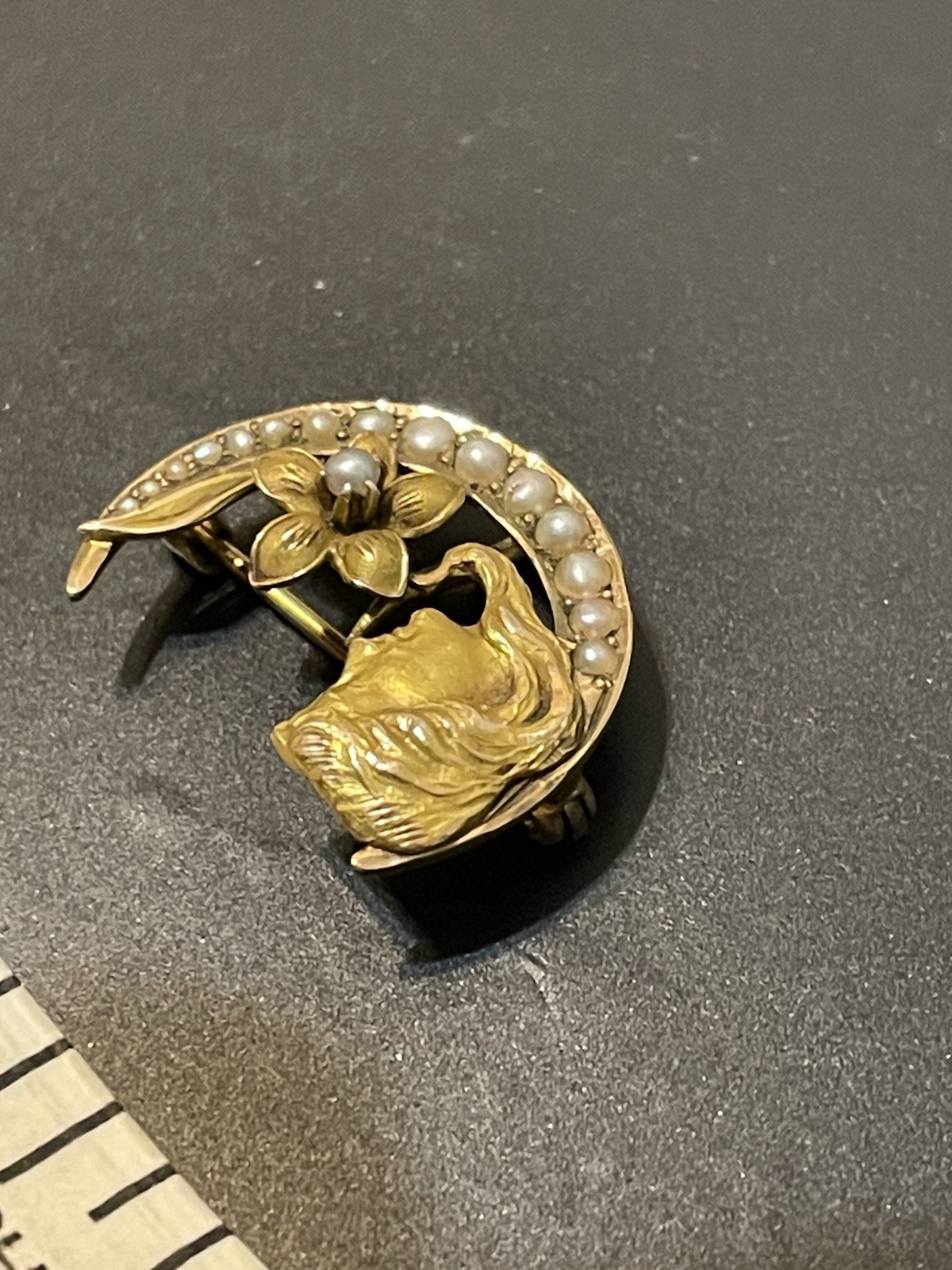 Vtg Brooch Pin Art Nouveau Deco 14K Gold Sees Pearl Woman Crescent Moon Flower