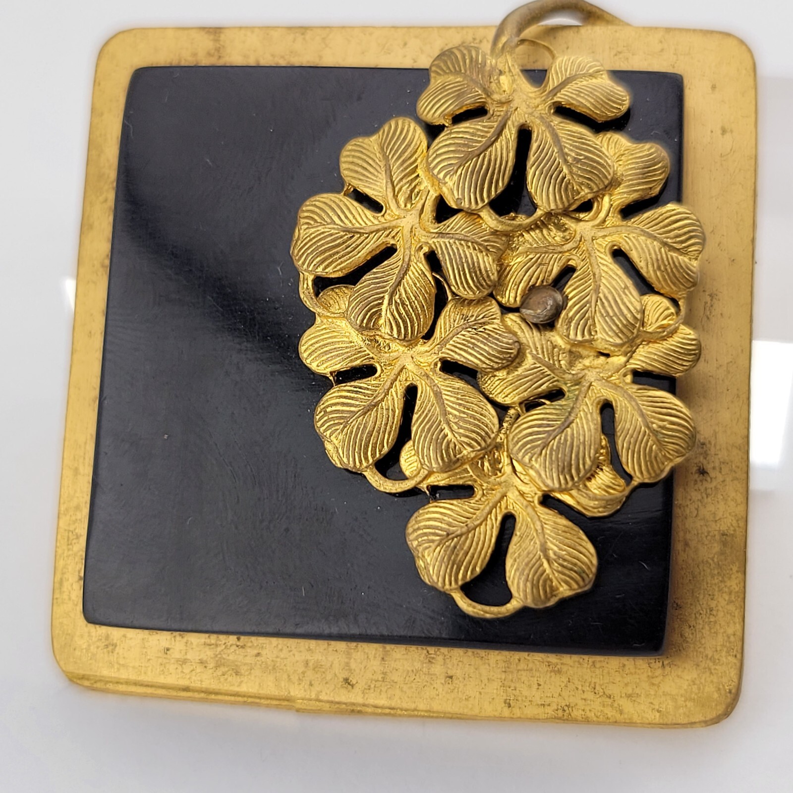 Antique Art Nouveau Gold over Brass Flower Black Glass Statement Runway Brooch