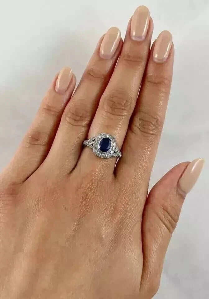 Art Deco 2.25Ct Oval Sapphire & Lab Created Diamond 925 Silver Engagement Ring