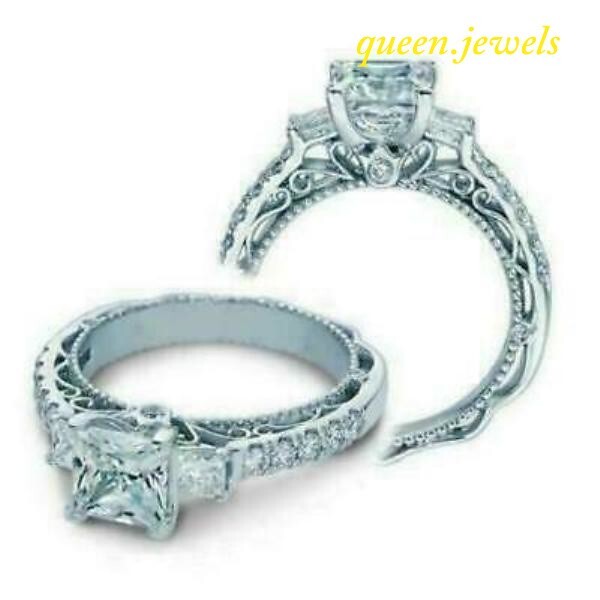 Lab Created 2.55CT Princess Cut Diamond Vintage 3-Stone Ring 14K White Gold Over