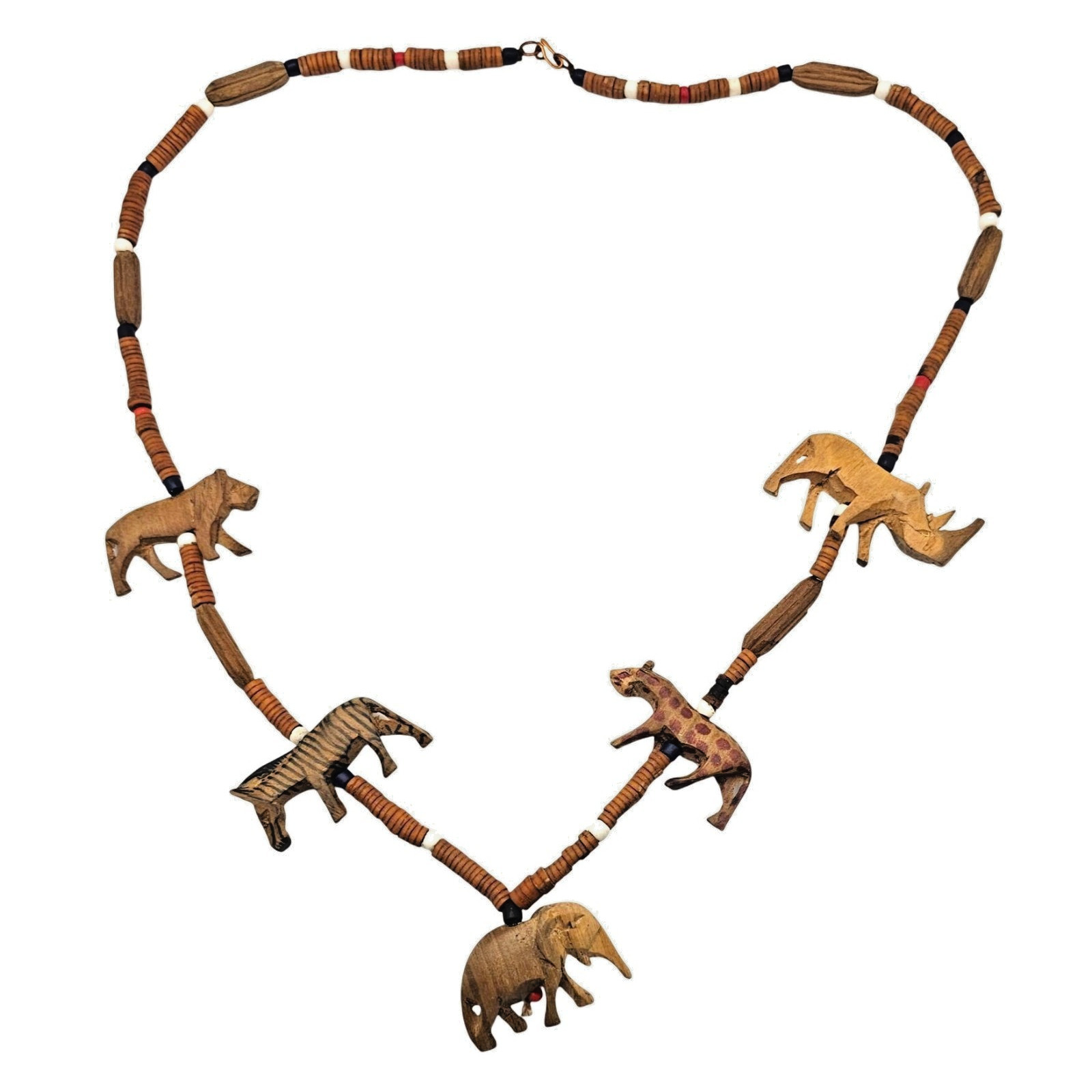 Vintage African Safari Hand Carved Wood Animal Bead Necklace Elephant Lion Rhino