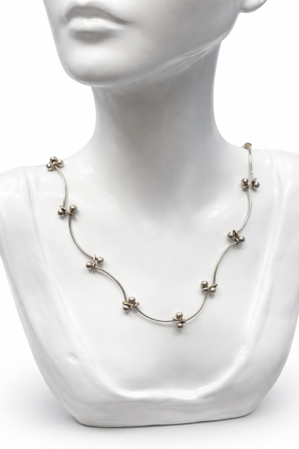 Vintage Sterling Silver 925 Modernist Bone Design Necklace Bar & Ball