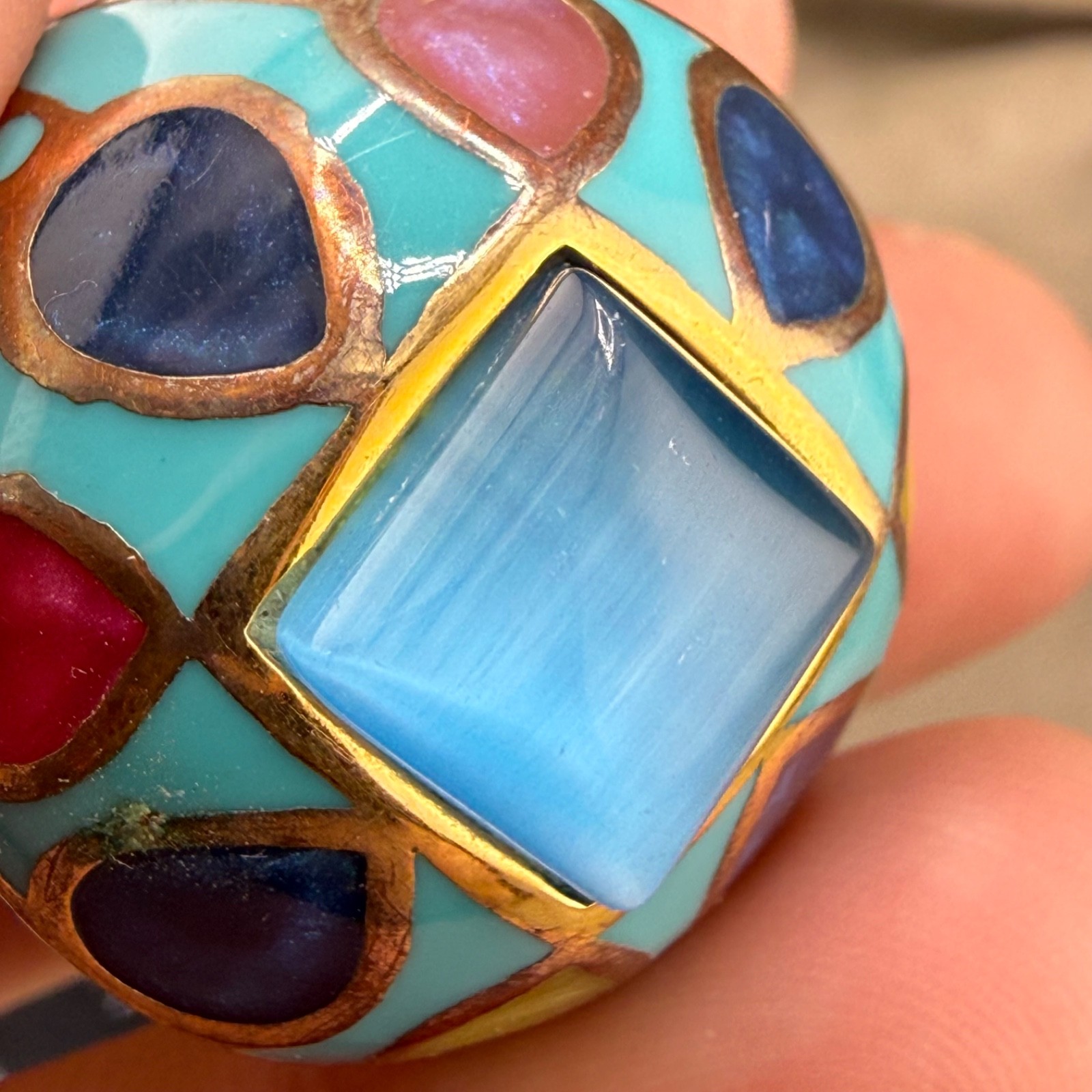 Enamel Dome Ring Blue Abstract Stainless Steel Gold Tone Size 8.75