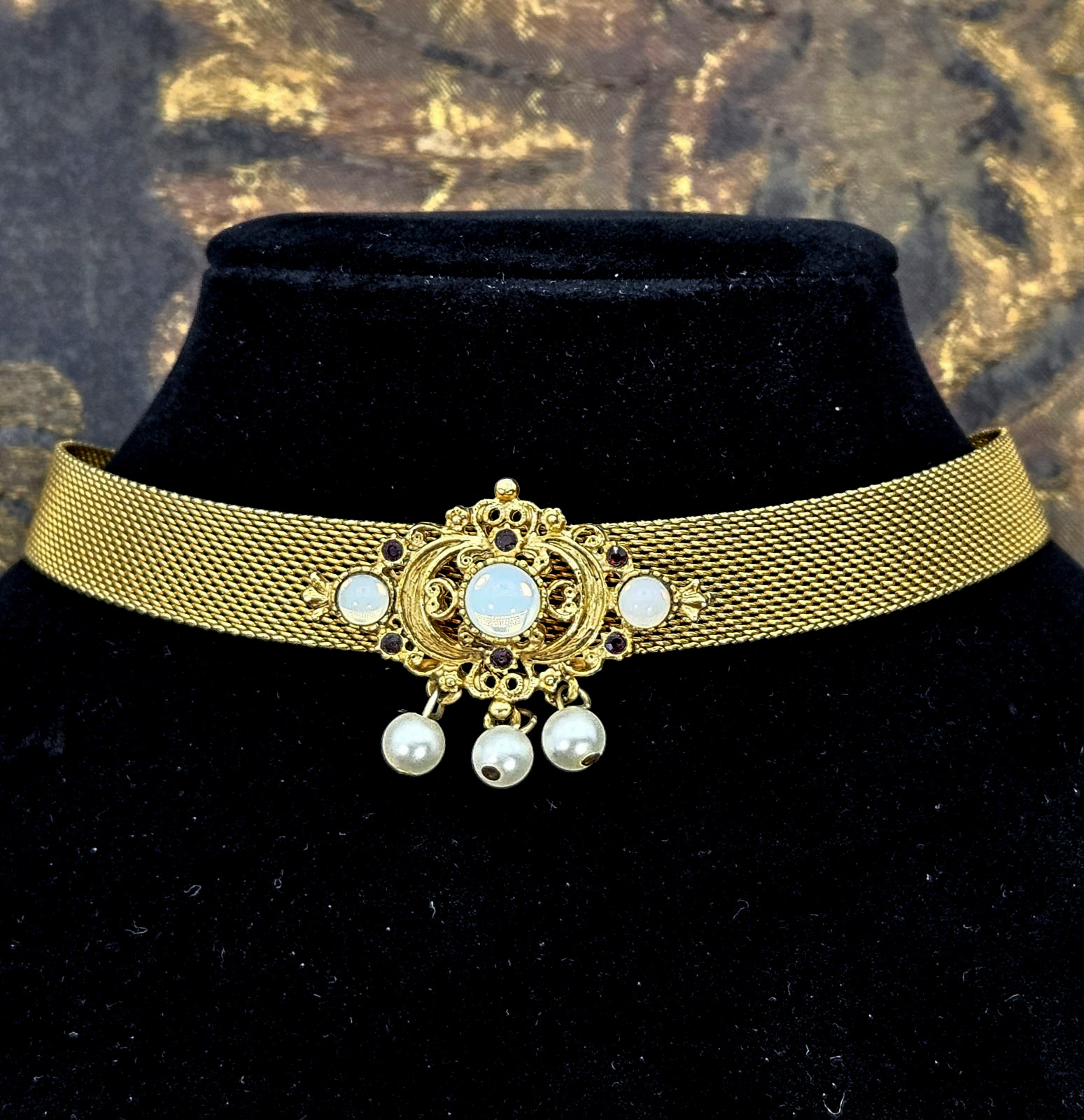 Victorian Revival Gold Tone Mesh Choker Faux Pearl Black Rhinestone Necklace