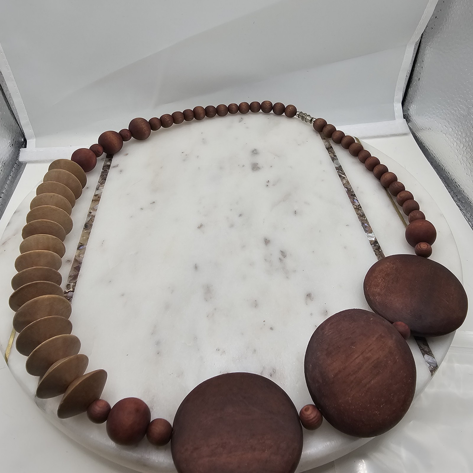 VTG Chunky Wood Bead Necklace Statement Large Brown Natural Geometric Boho 25 in
