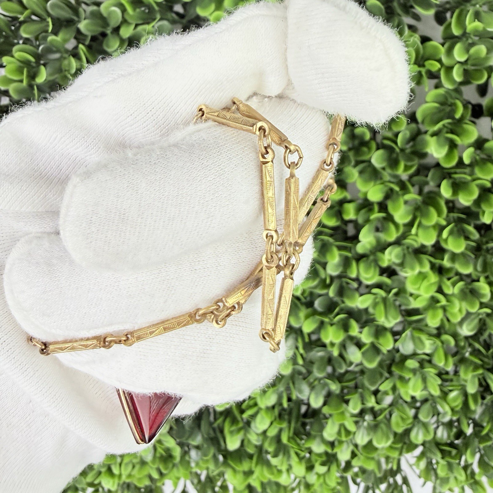 Antique Art Deco Gold Brass Tone Bar Link Long Chain Pendant Necklace