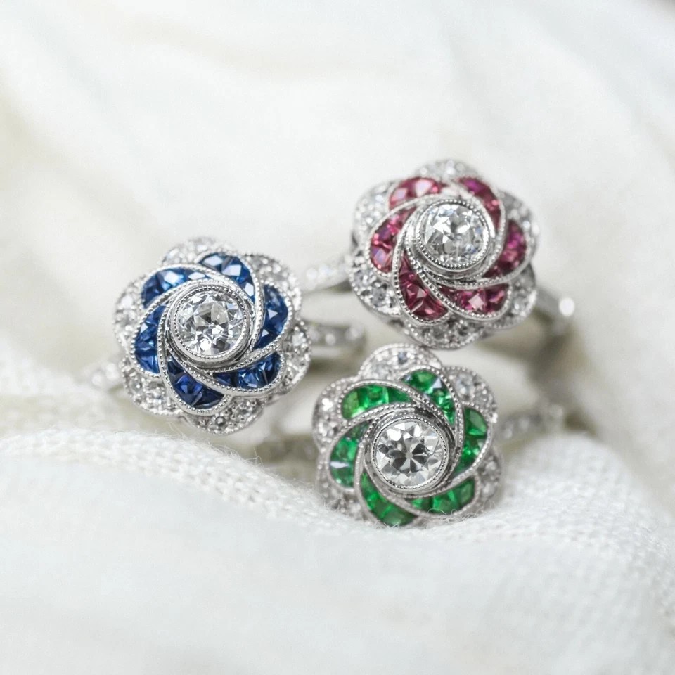 Art Deco Style Lab Created Diamond & Sapphire Anniversary 14K White Gold FN Ring