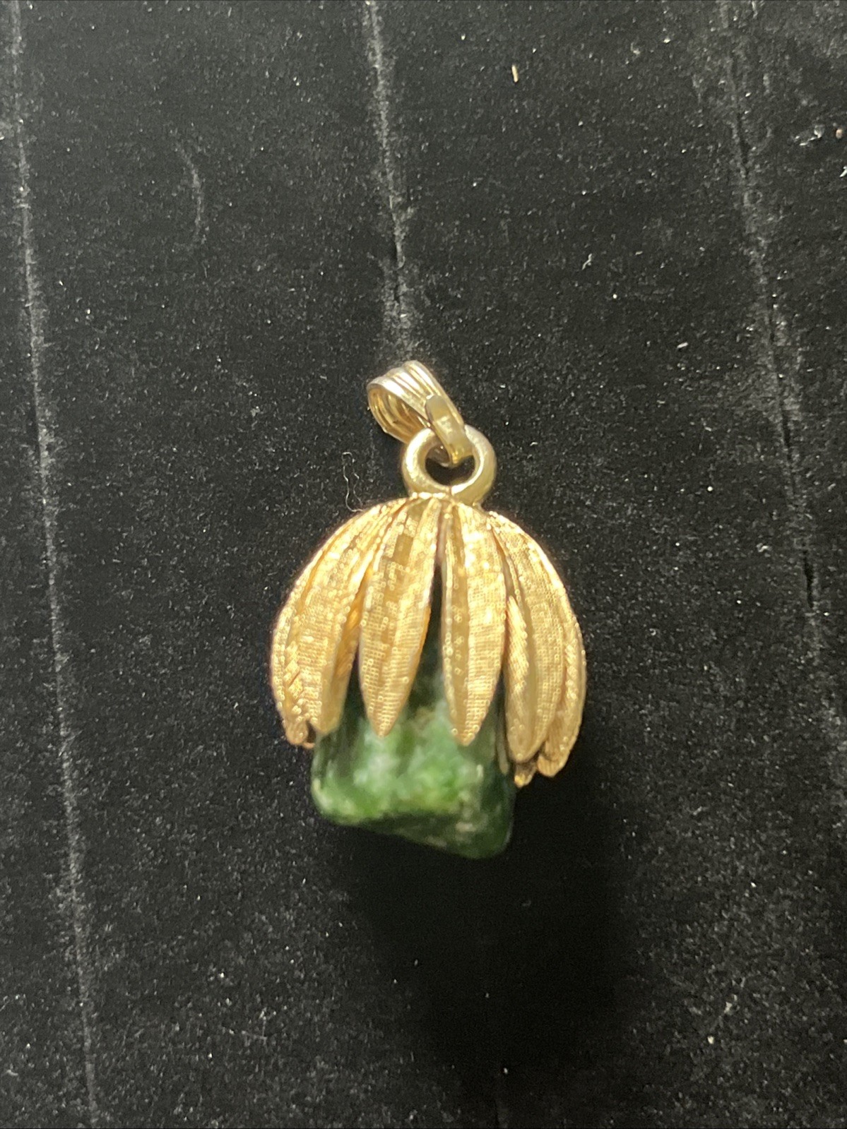 1950s Faux Green Jade Stone & Gold Toned Pendant