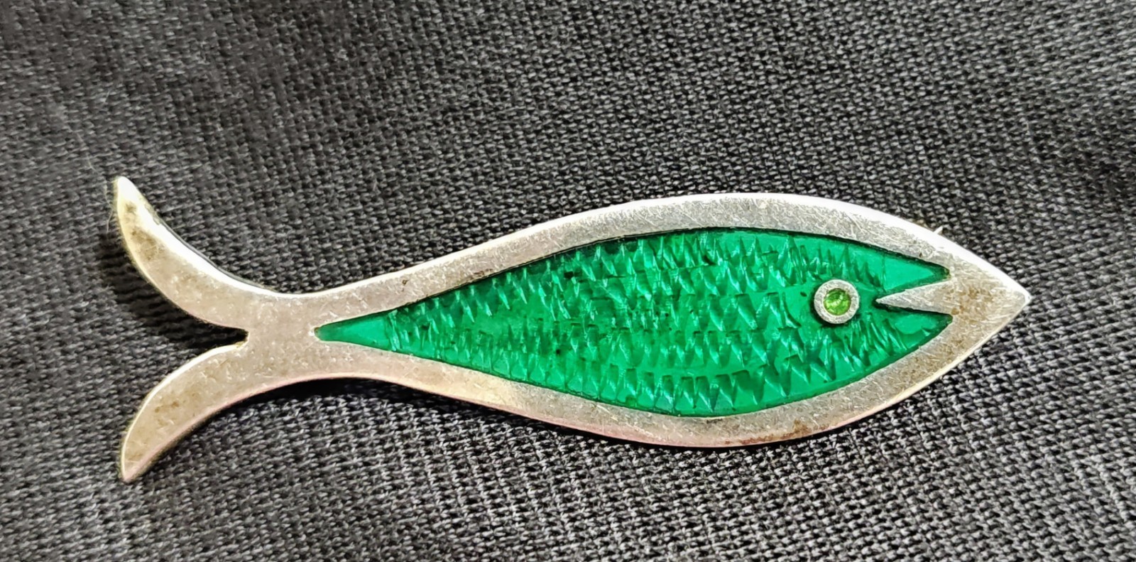 Vintage Taxco Sterling Enamel Fish Brooch Eagle 3 SB Signed Green Mid Century