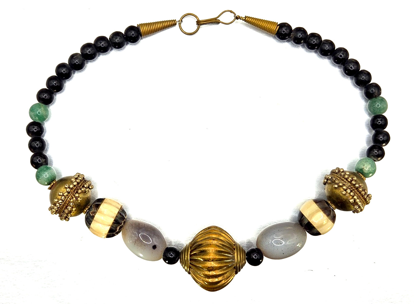Vintage African Multi Gemstone Brass Beaded Collar Necklace 16″