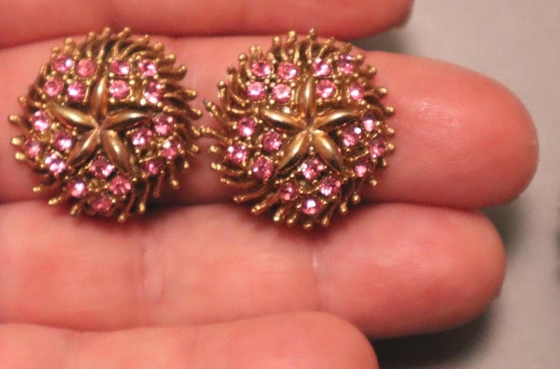 Vintage Pink Rhinestone Star Flower Set Brooch Earrings