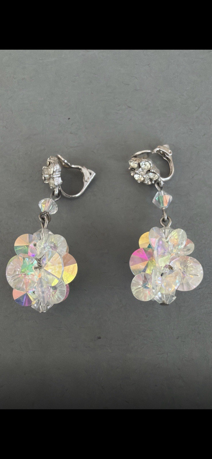 Vintage Aurora Borealis Crystal Cluster Dangle Clipon Earrings Signed”Patented”