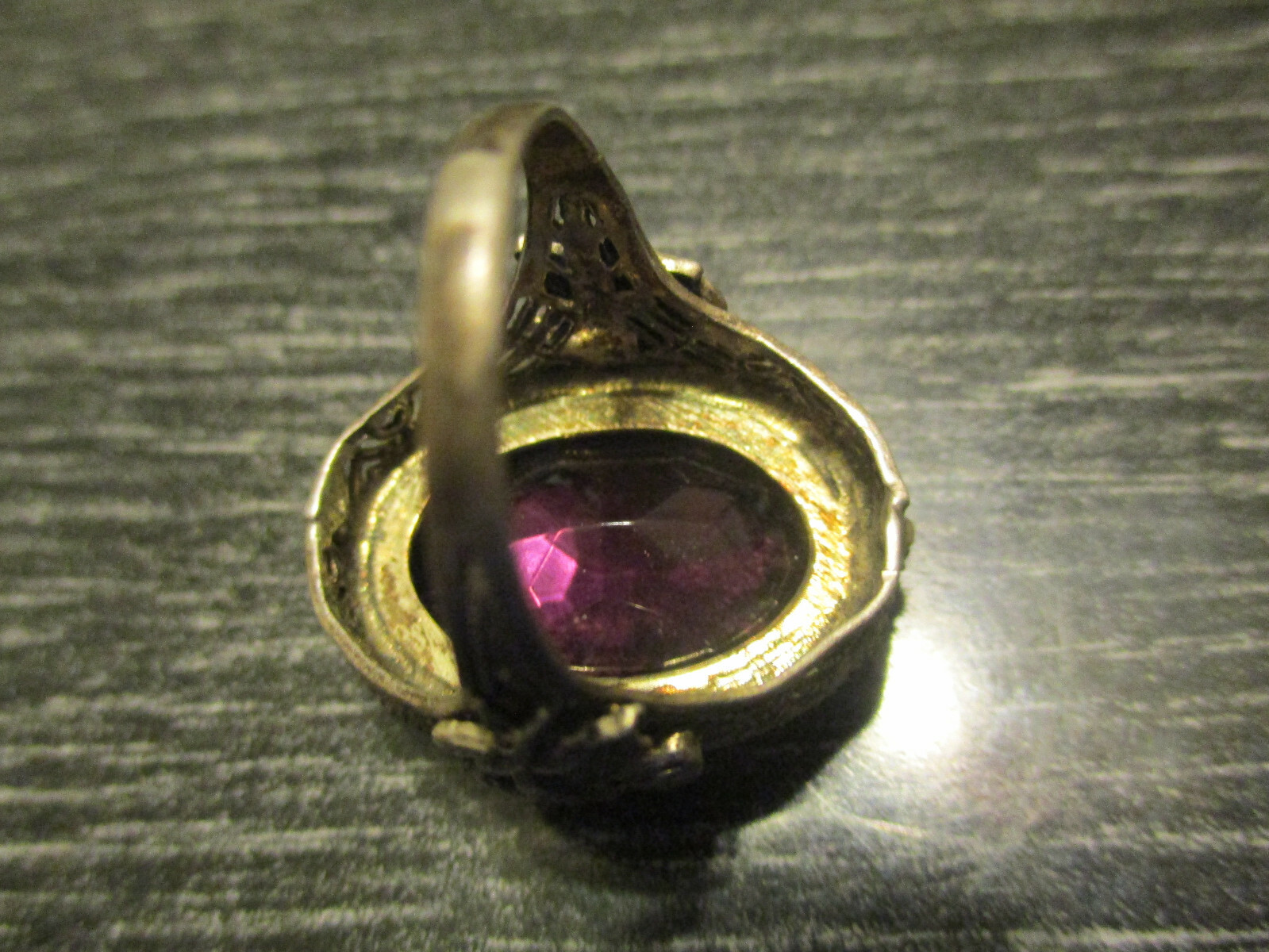 Antique Faux Amethyst Glass Sterling Silver Rose Filigree Cocktail Ring Size 6.5