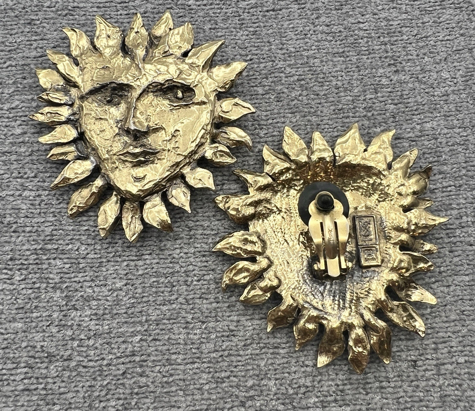 Vintage Yves Saint Laurent YSL Paris Robert Goossens Golden Sun Face Earrings