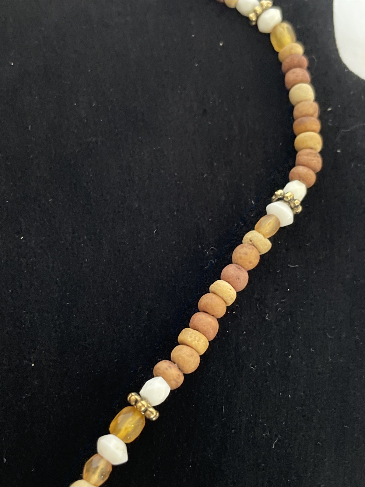 Wood Amber Resin White Beaded Lariat Choker Necklace 17 inches Hanging Pendant
