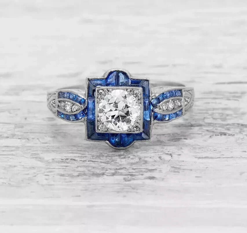 Art Deco Style Lab Created Diamond & Sapphire 14K White Gold FN Engagement Ring