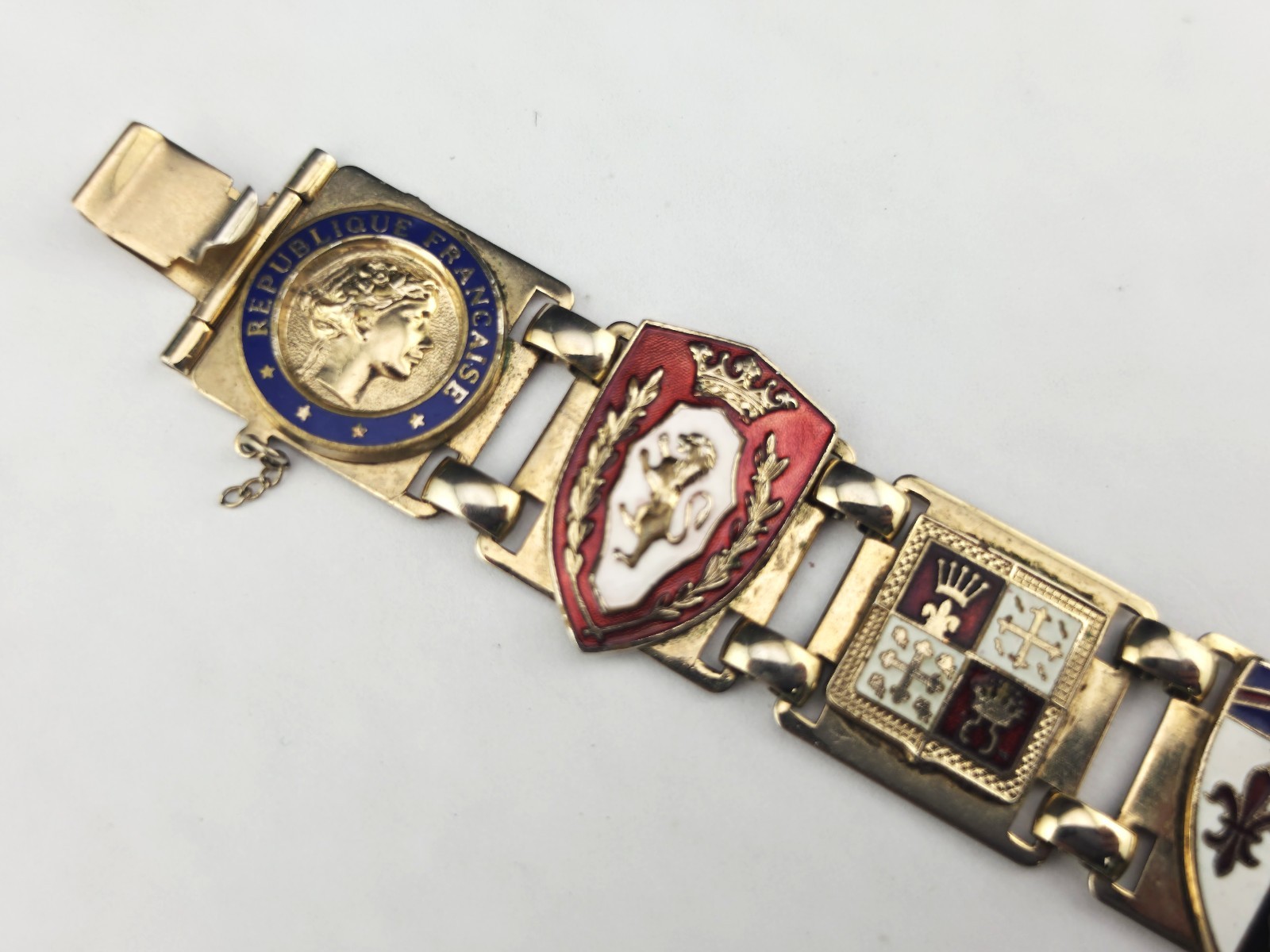 Vintage French Souvenir Bracelet 7″ Colorful Heraldic Cloisonne Enamel Panels