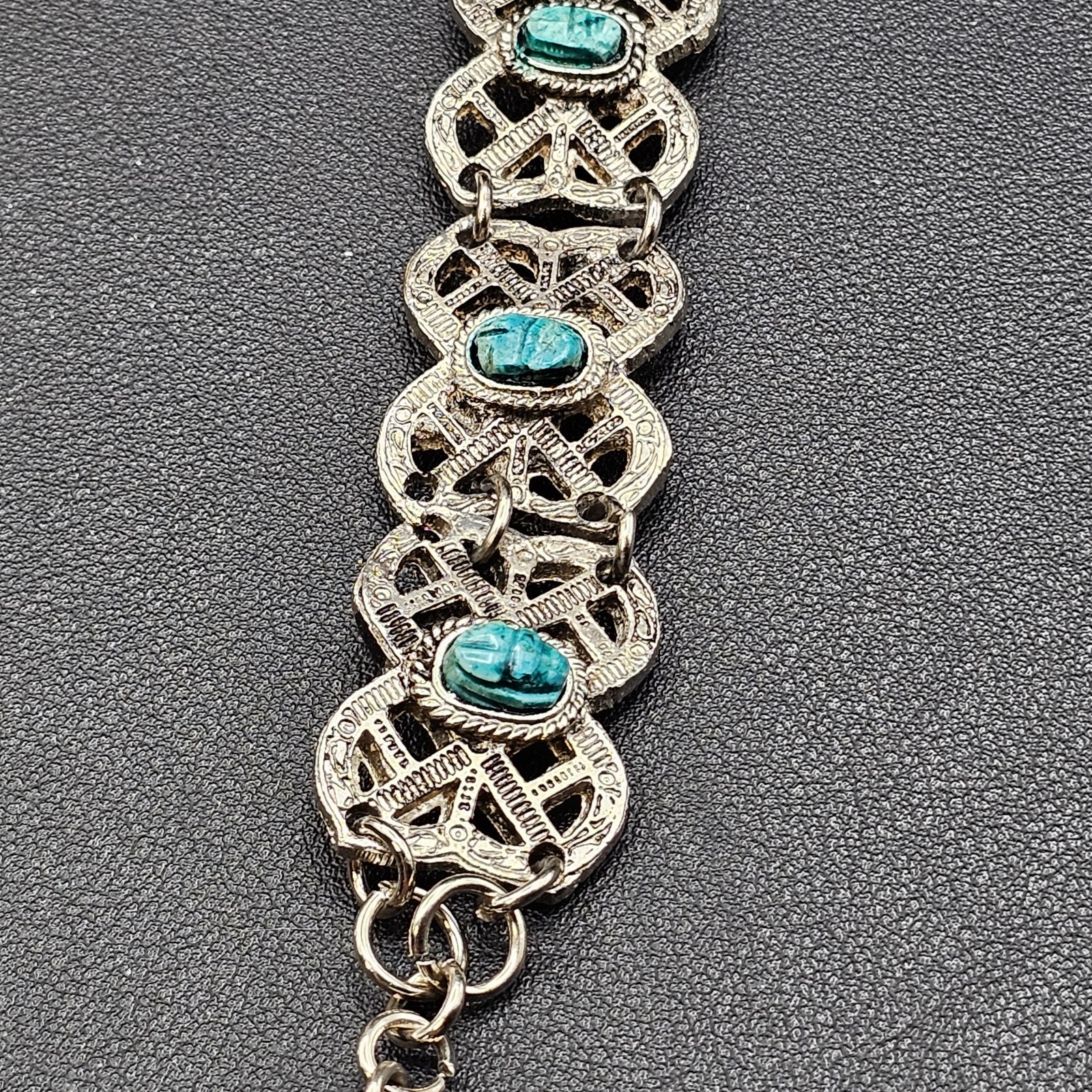 Vintage Egyptian Style Panel Bracelet Silver Tone Teal Stone Scarabs Style #1