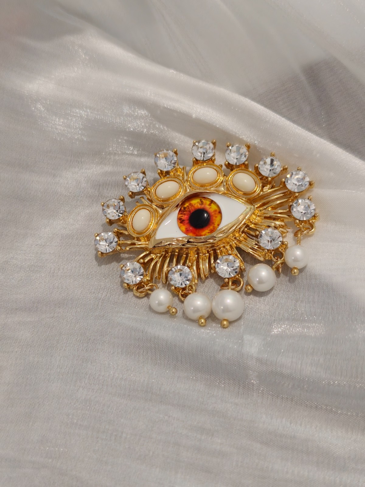 Schiaparelli Gold Evil Eye Brooch Crystal Pearl Dangle Designer Fashion Pin