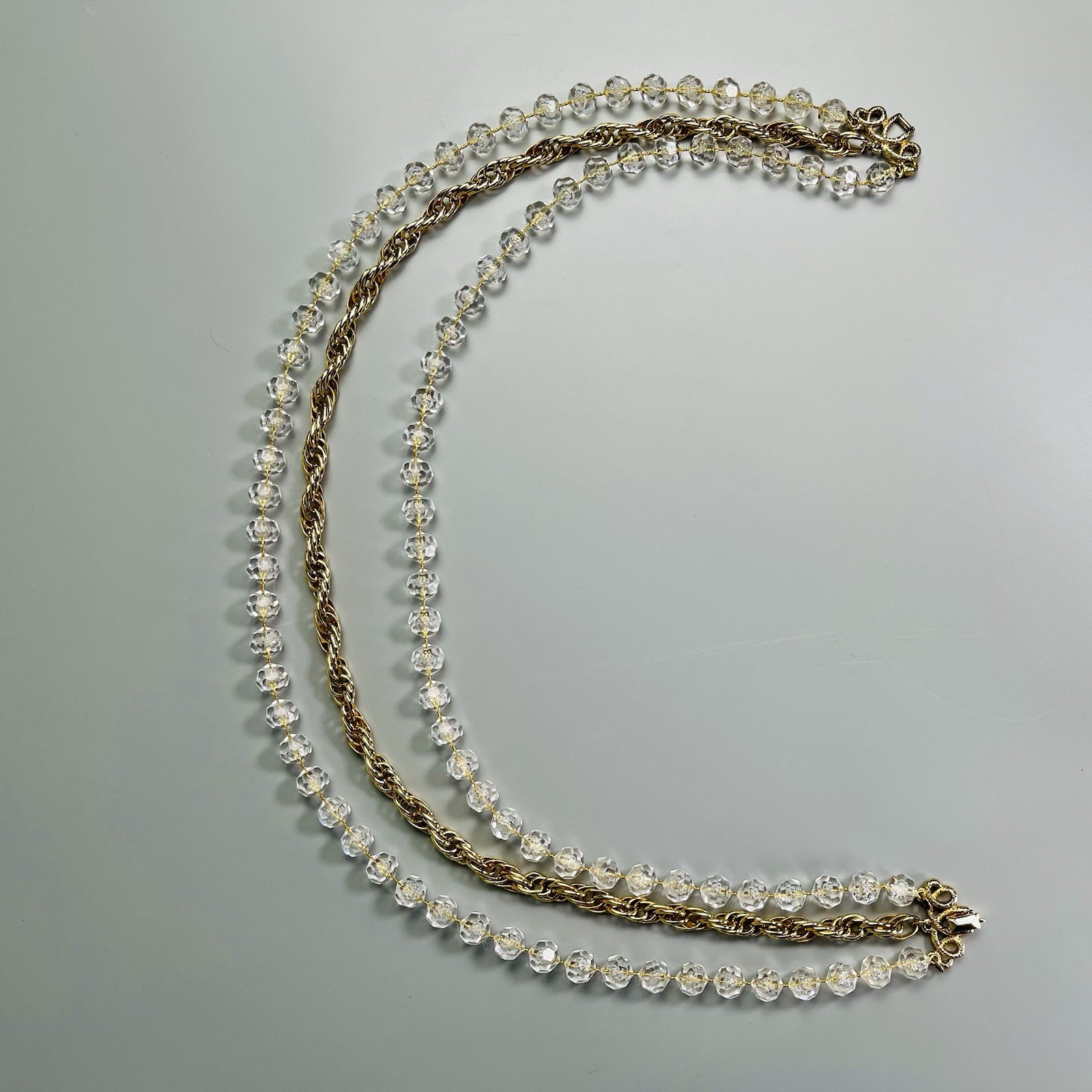 Sarah Coventry “Golden Ice” 3 Strand Clear Bead Gold Tone Necklace Signed 21”