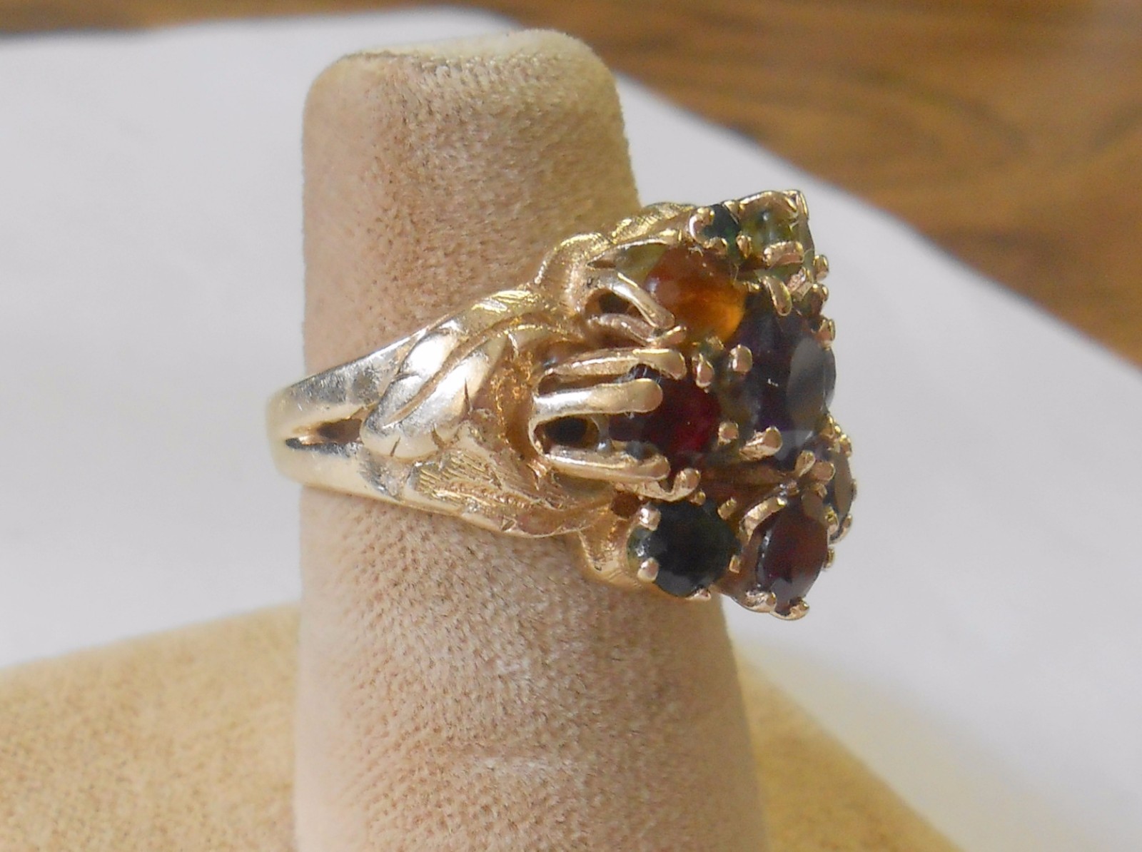 Fruit Salad 14K Gold Multi Stone Ring Diamond Sapphire Topaz Garnet Amethyst