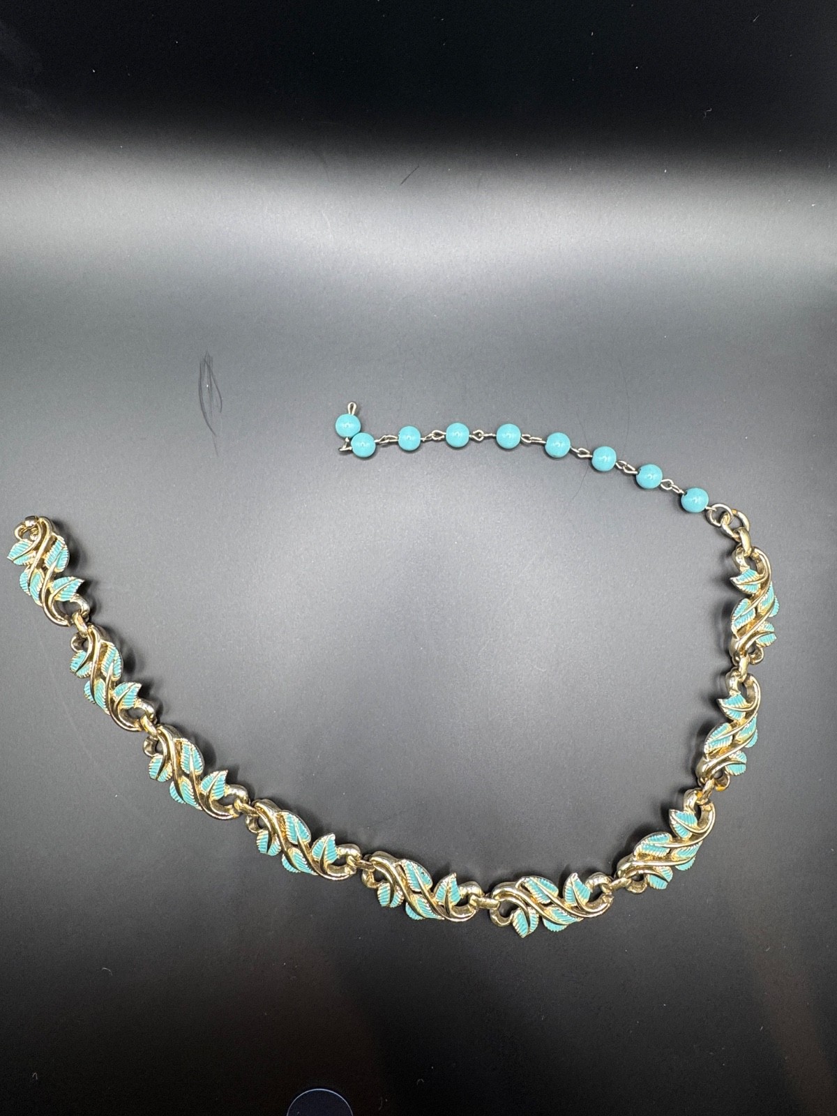 Vintage Gold Tone Blue Enamel Leaf Necklace Adjustable Bead Dangle Choker