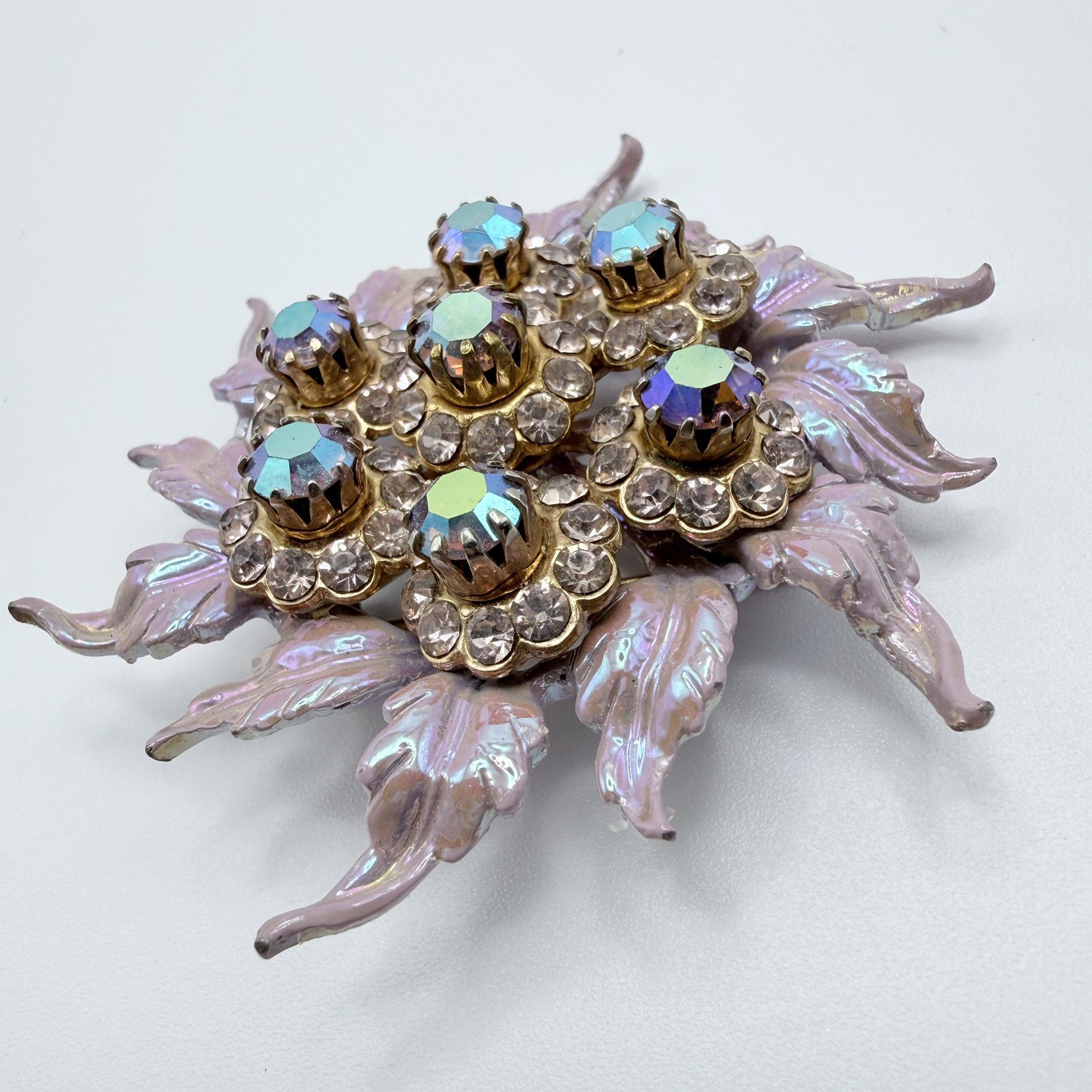 Selini Pearlescent Pink Rhinestone Pin Brooch Aurora Borealis Crystal Vintage