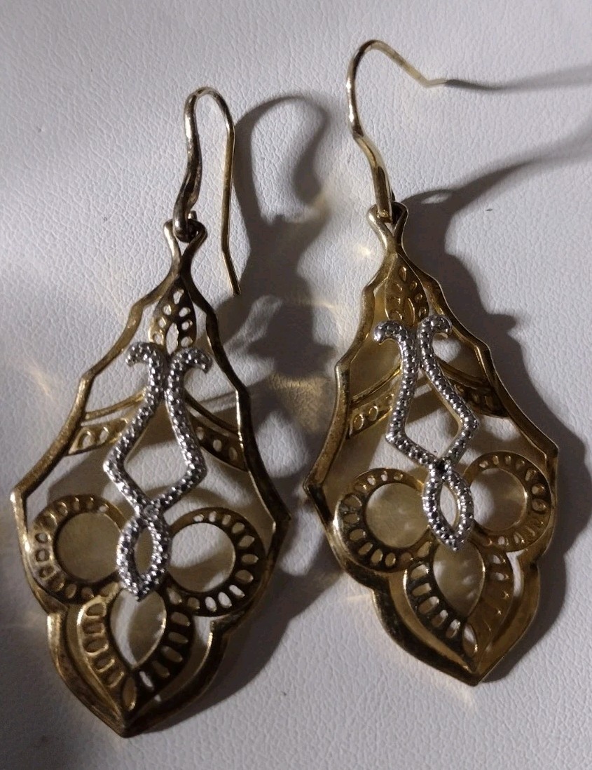 Large Gold + Silver Tone Dangle Earrings Very Pretty Unknown Designer Signed IS