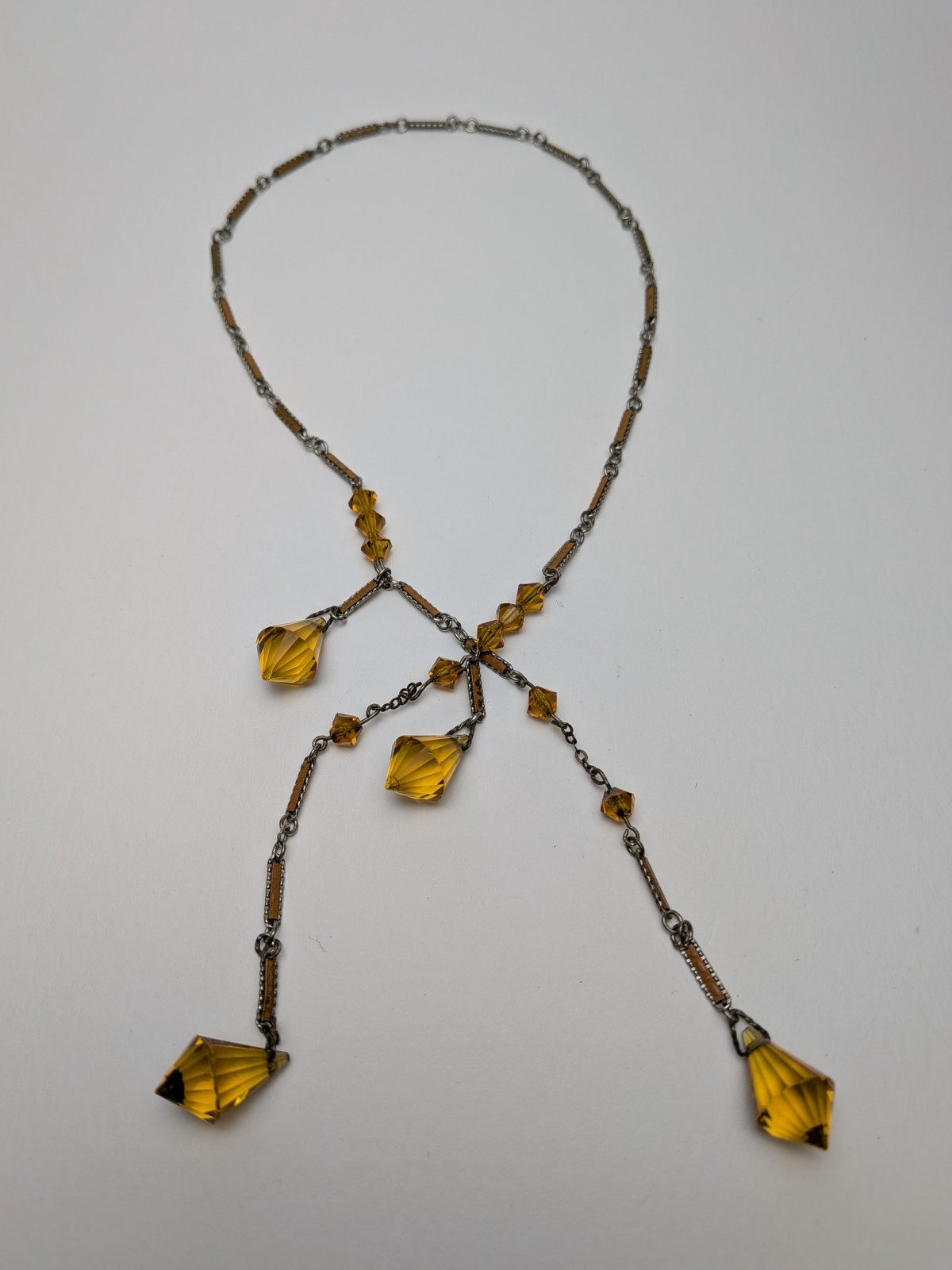 Vintage Deco Czech Glass Lariat Necklace Orange Enamel Gorgeous!