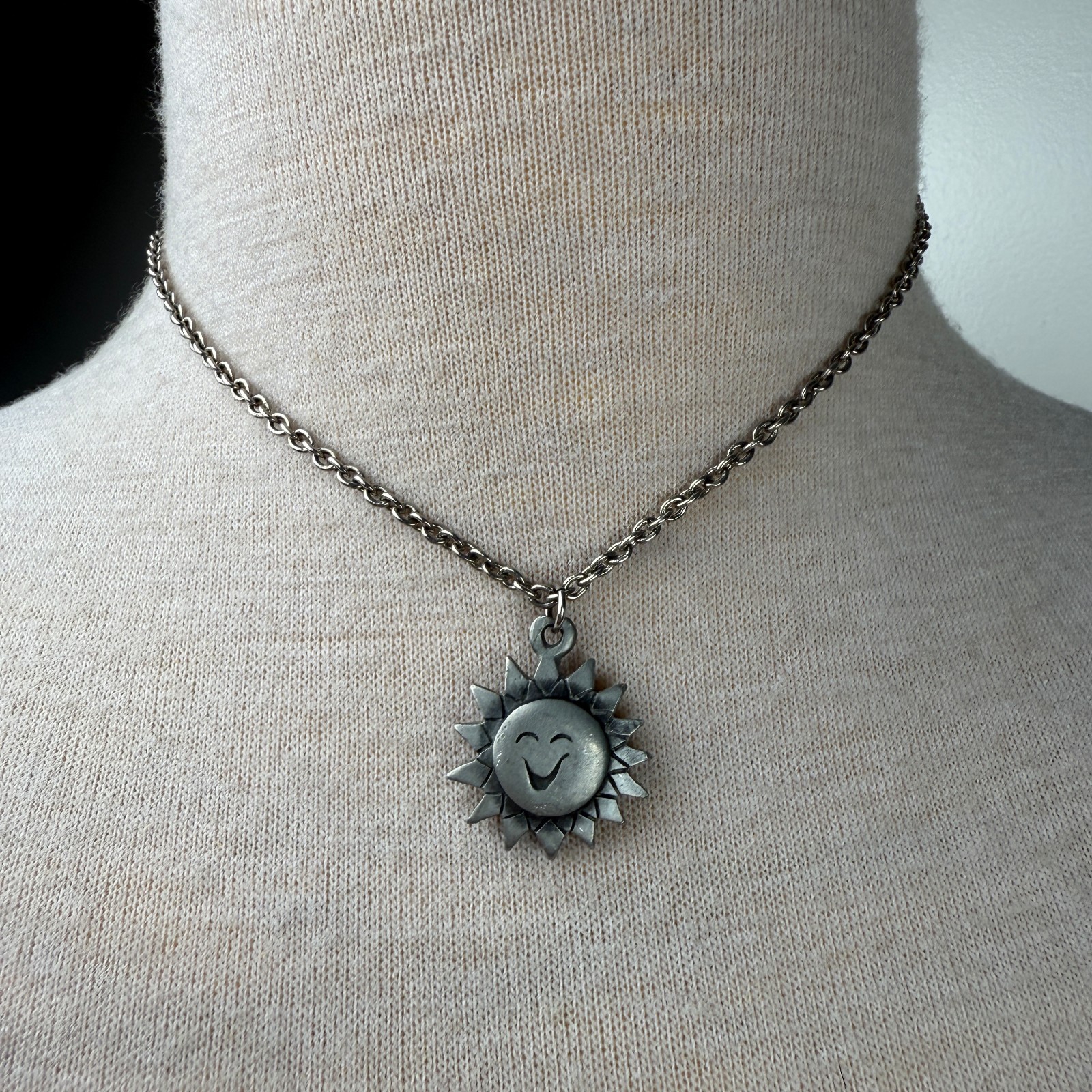 Vintage Pewter Sun Pendant Chain Necklace Norway Pewter 666EH 16″