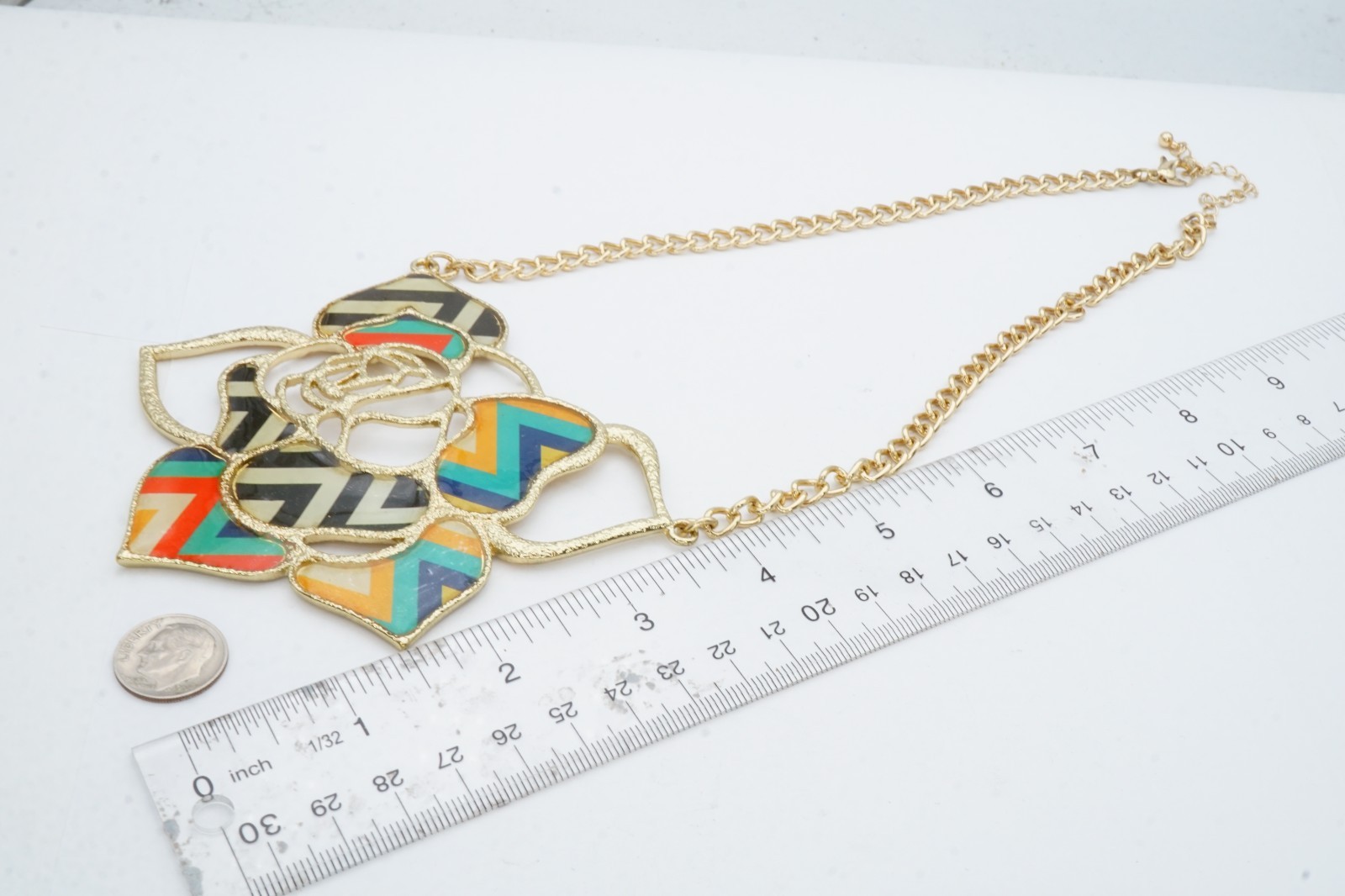 Vintage Necklace Gold Tone Rose Flower Colorful 21″