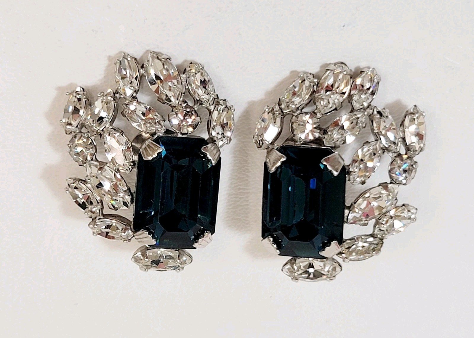 Vintage Schreiner Earrings Blue Rectangle Clear Rhinestones Gorgeous!