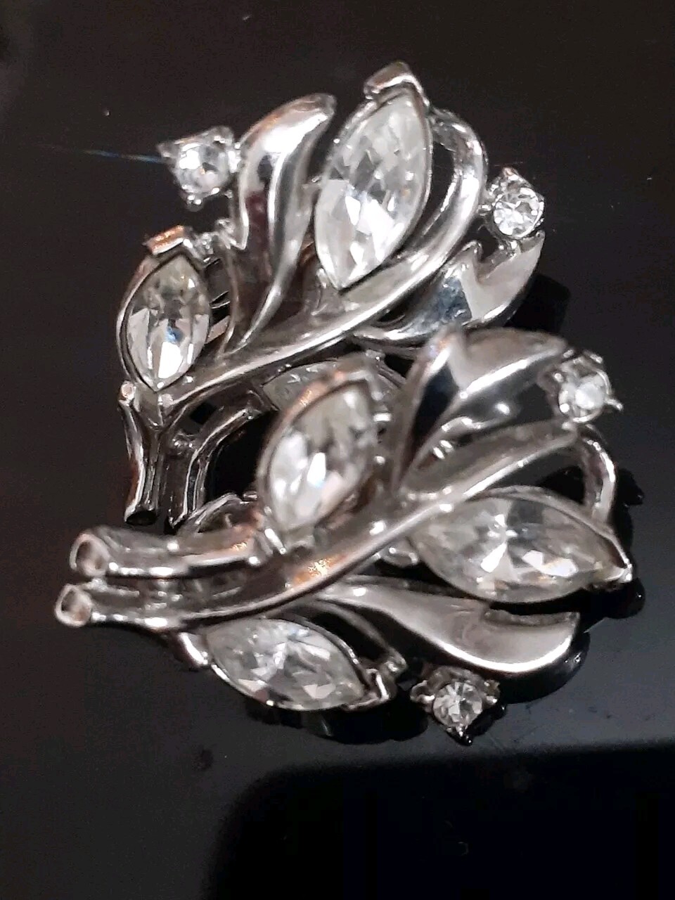 Vintage Crown Trifari rhodium plated marquise cut rhinestone clip on earrings