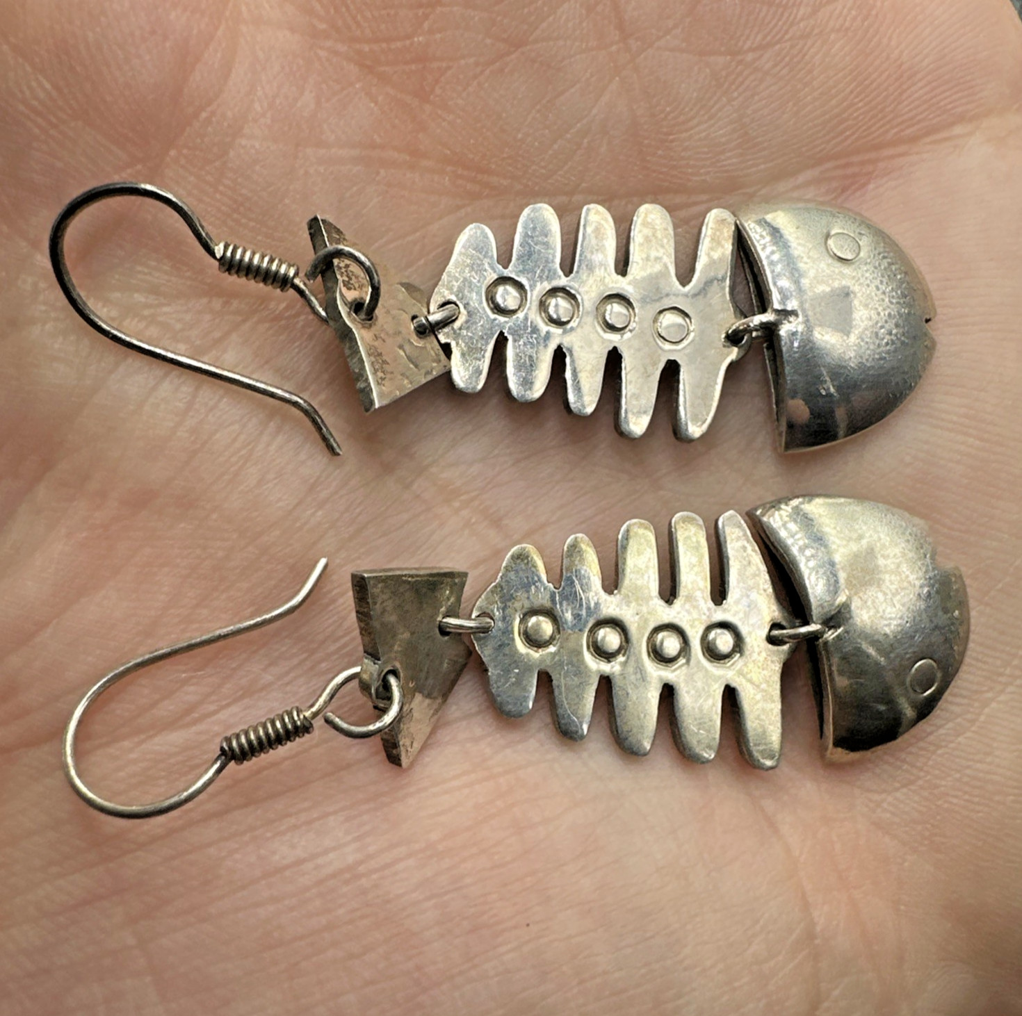 Vtg Taxco Sterling Silver Articulated Skeleton Bone Fish Dangle Earrings 15.9g
