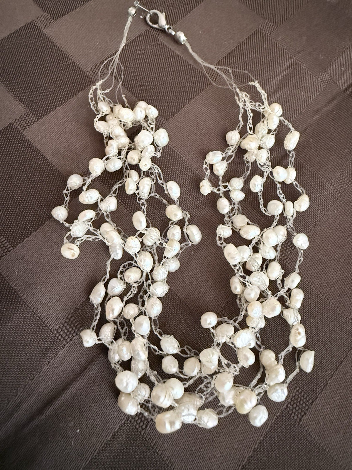 Vintage multi-strand floating pearl illusion necklace with freshwater pearls.