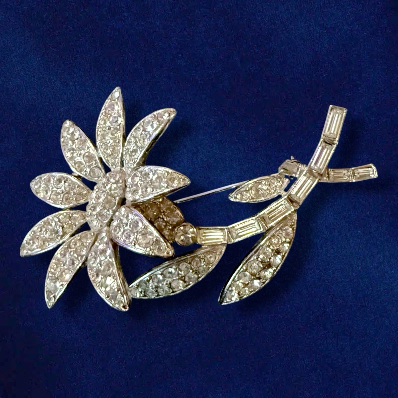 Rhinestone Flower Brooch Signed ORA Rhodium 1940s Large Vintage Pin 3 Inch