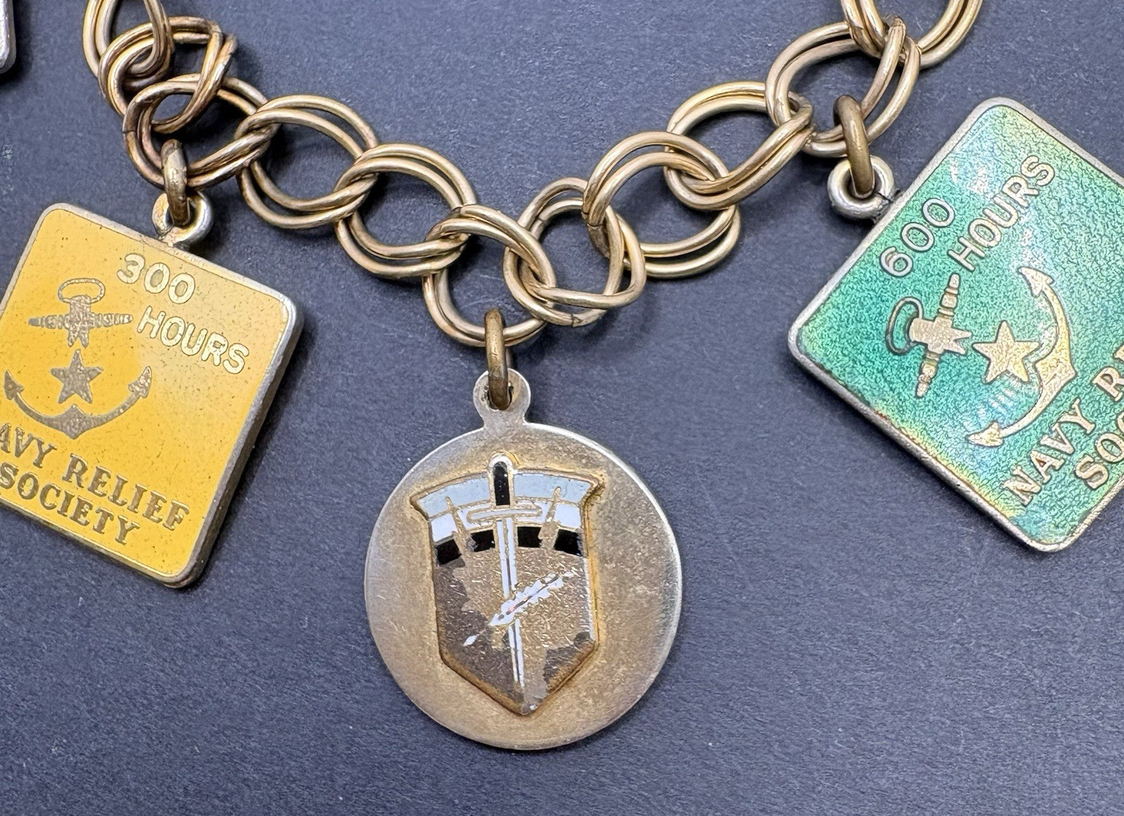Vintage US NAVY Relief Society Charm Bracelet Gold Tone Military Engraved