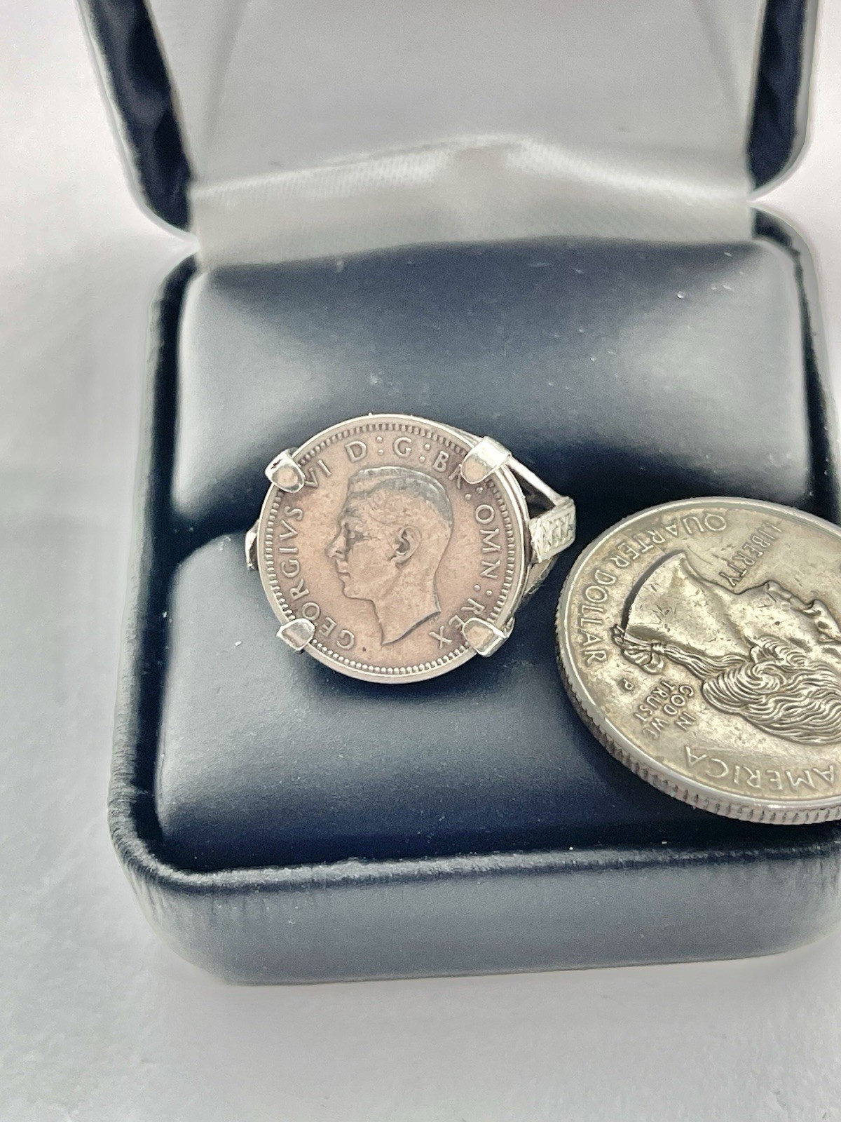 Antique 1938 George VI Threepence Coin Ring 925 Sterling Silver Mounted 7 1/2