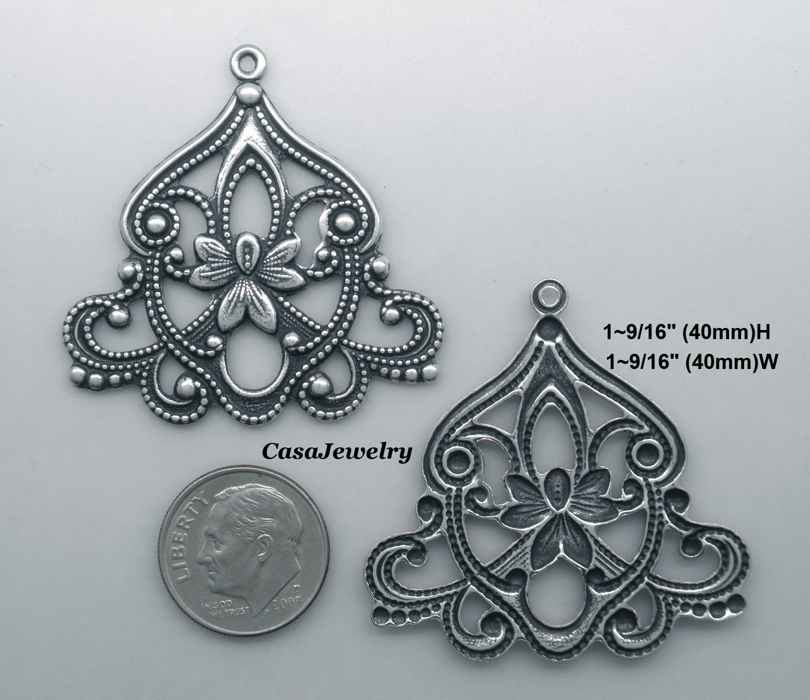 #0161 LARGE ANTIQUED STERLING SILVER PLATED FILIGREE W/TOP HANG RING – 2 Pc Lot