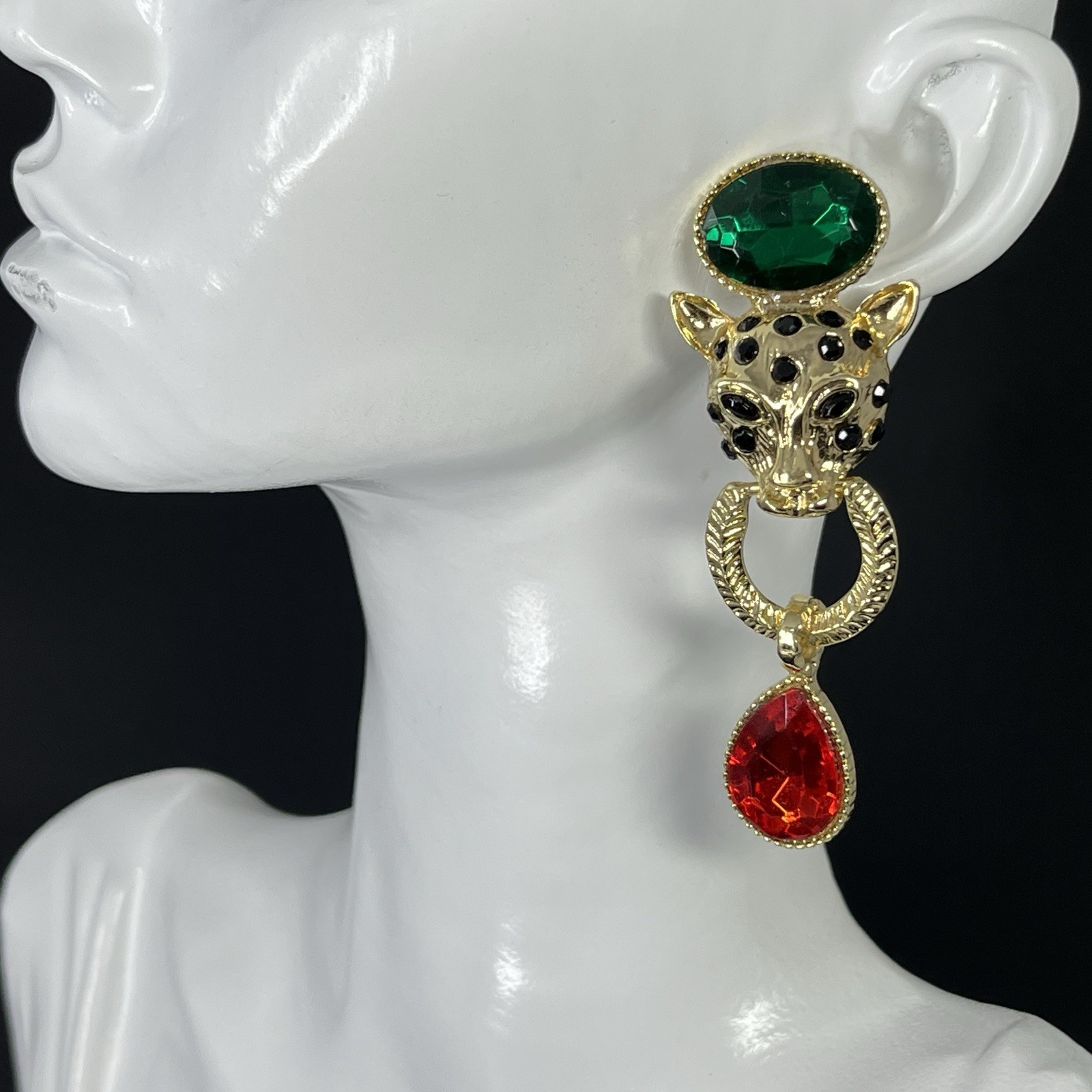Gold Tone Lion Door Knocker Earrings Pierced Jaguar Cat Red Green Statement Drop